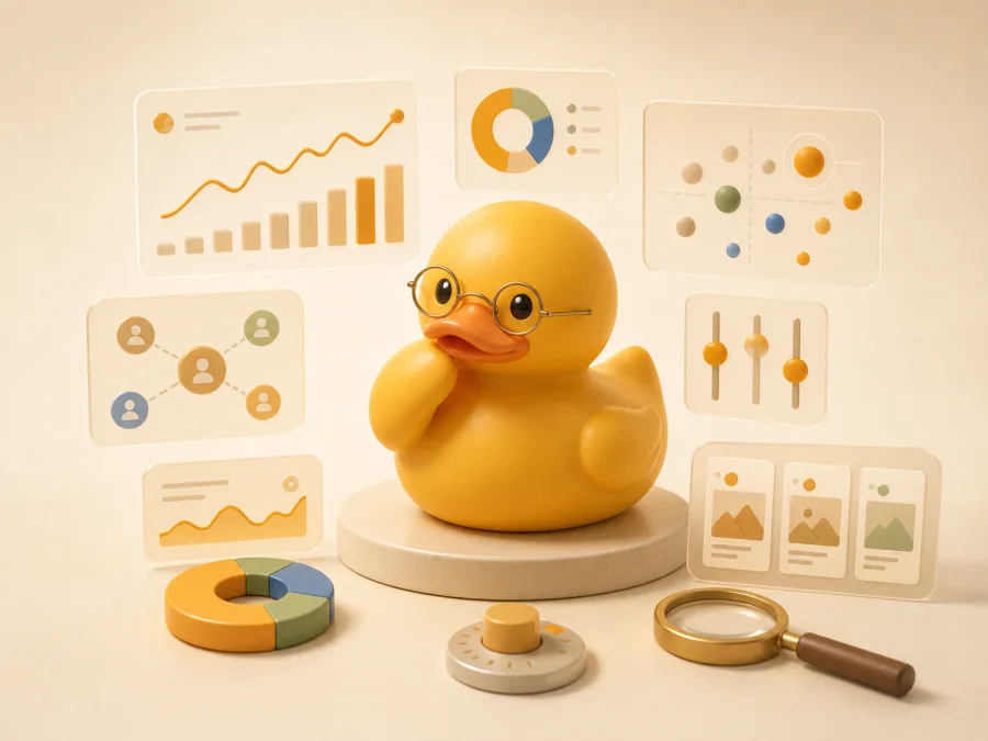 ShopDucky Ads Analyst duck studying ad charts, audience segments, and campaign performance controls