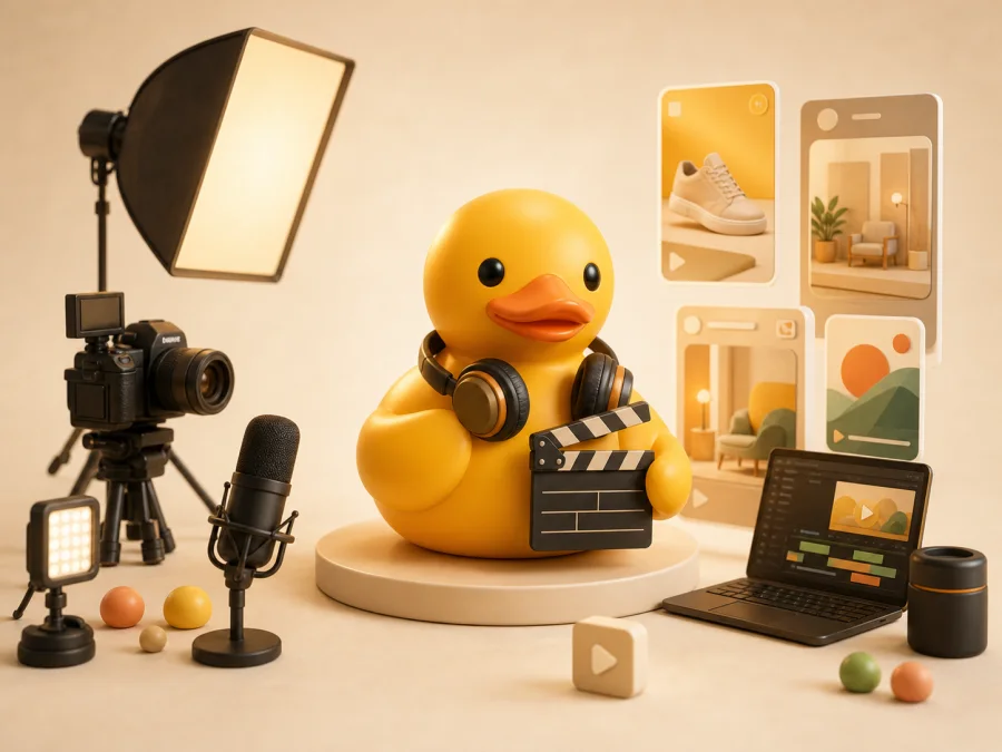 ShopDucky Content Producer duck in a small production studio with camera, microphone, lights, and video frames