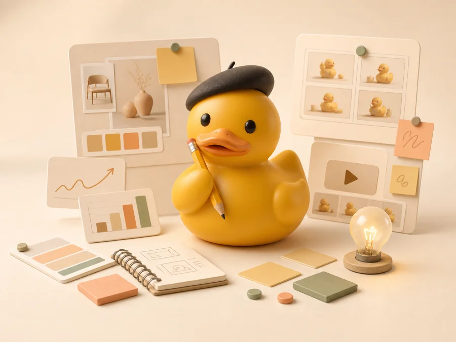 ShopDucky Creative Strategist duck with a beret, pencil, mood boards, storyboards, and creative concept tiles