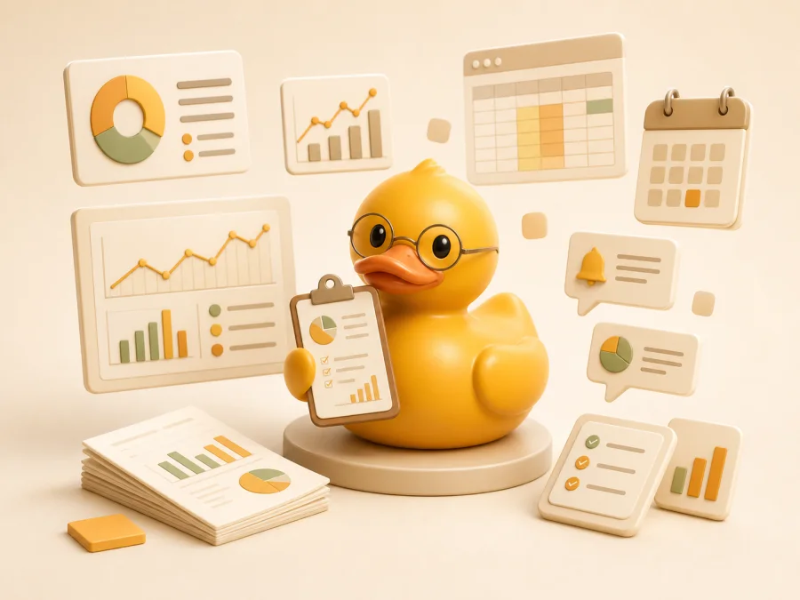 ShopDucky Reporting OS duck holding a report clipboard surrounded by charts, spreadsheets, calendar blocks, and digest cards