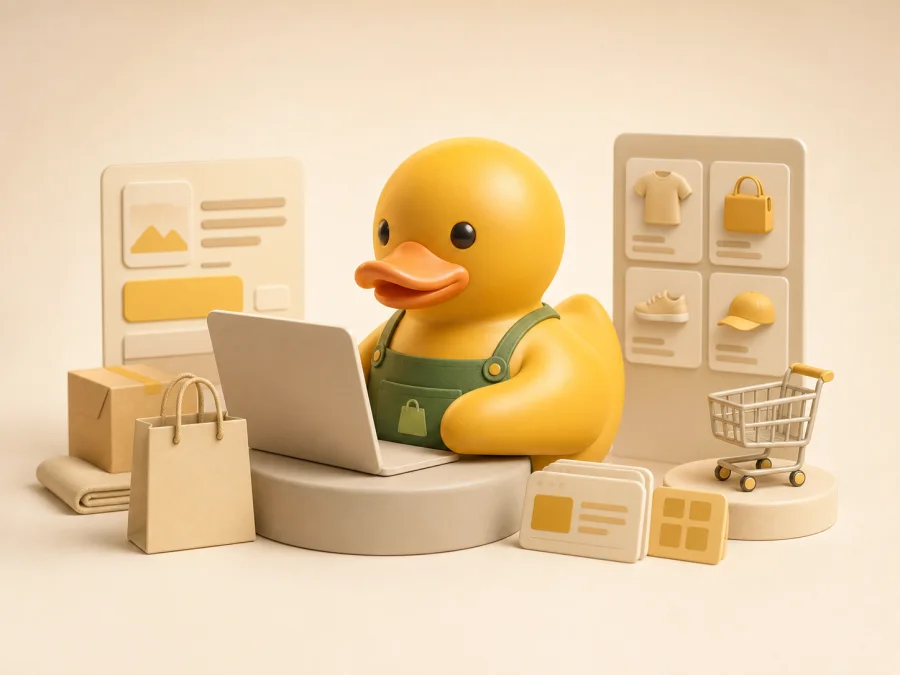 ShopDucky Shopify Developer duck working on a store build with ecommerce product tiles and packages