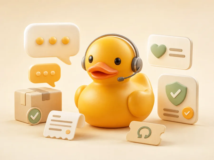ShopDucky Support Rep duck wearing a headset with chat bubbles, order receipt, package, and approval cards