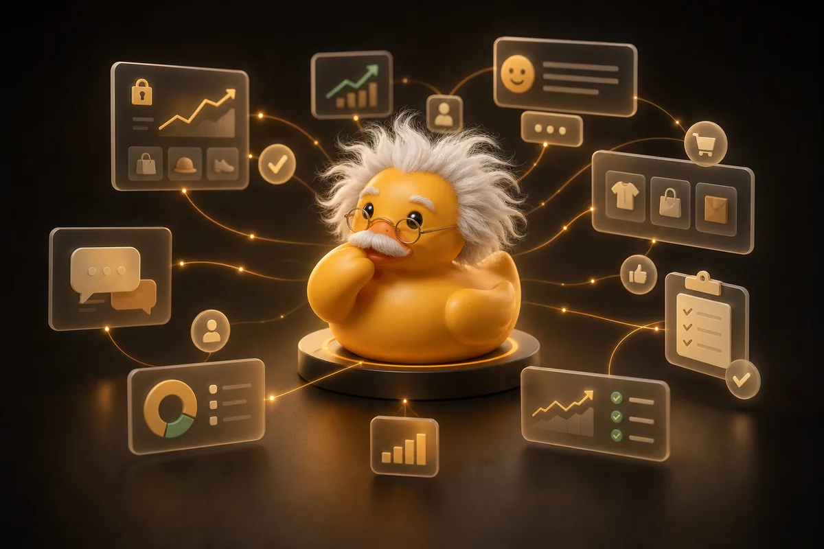 An Einstein-inspired ShopDucky duck surrounded by connected ads, store, support, approval, and reporting signals
