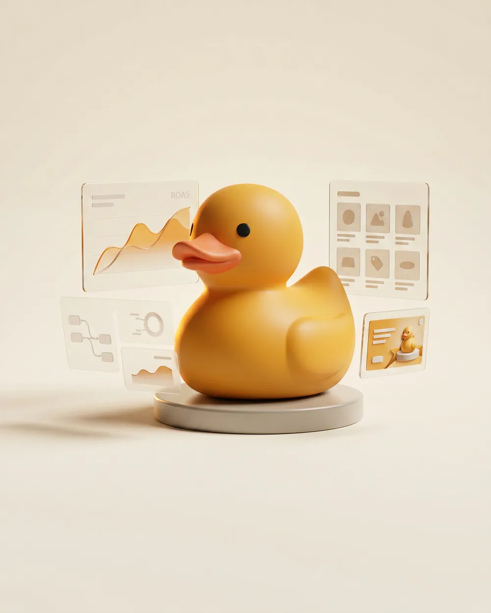 A ShopDucky operator duck orchestrating ads, store, and creative dashboards